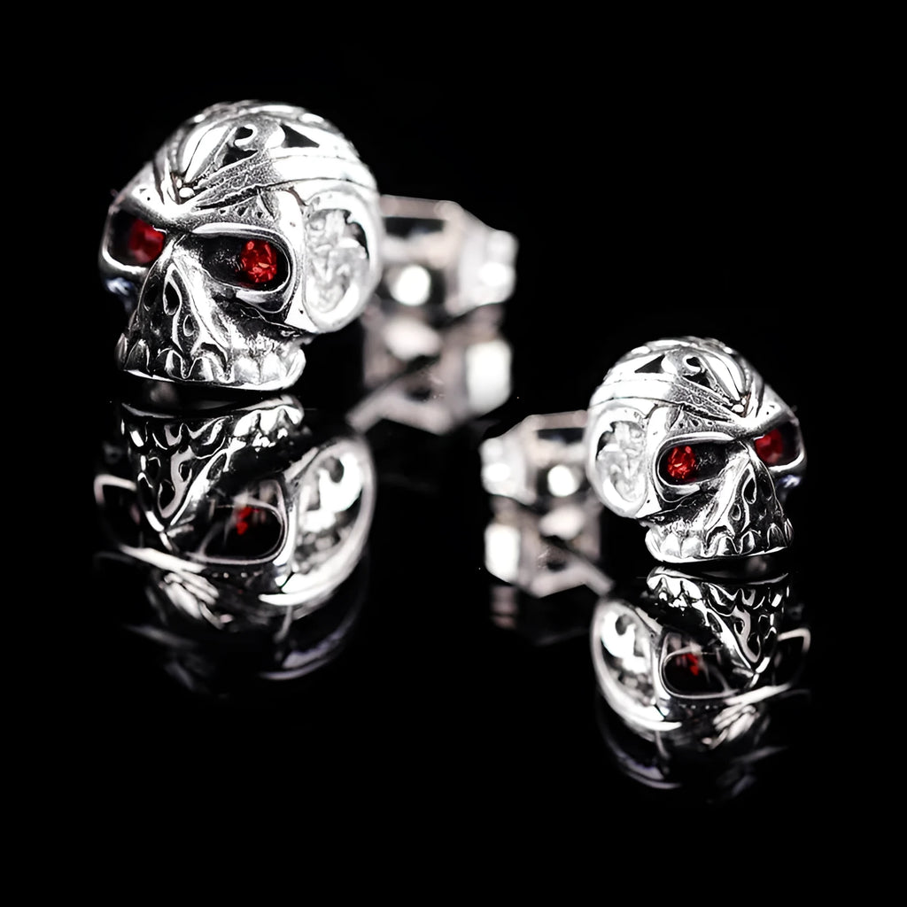 Retro skull stud earrings with red eye ghost head design on alloy base