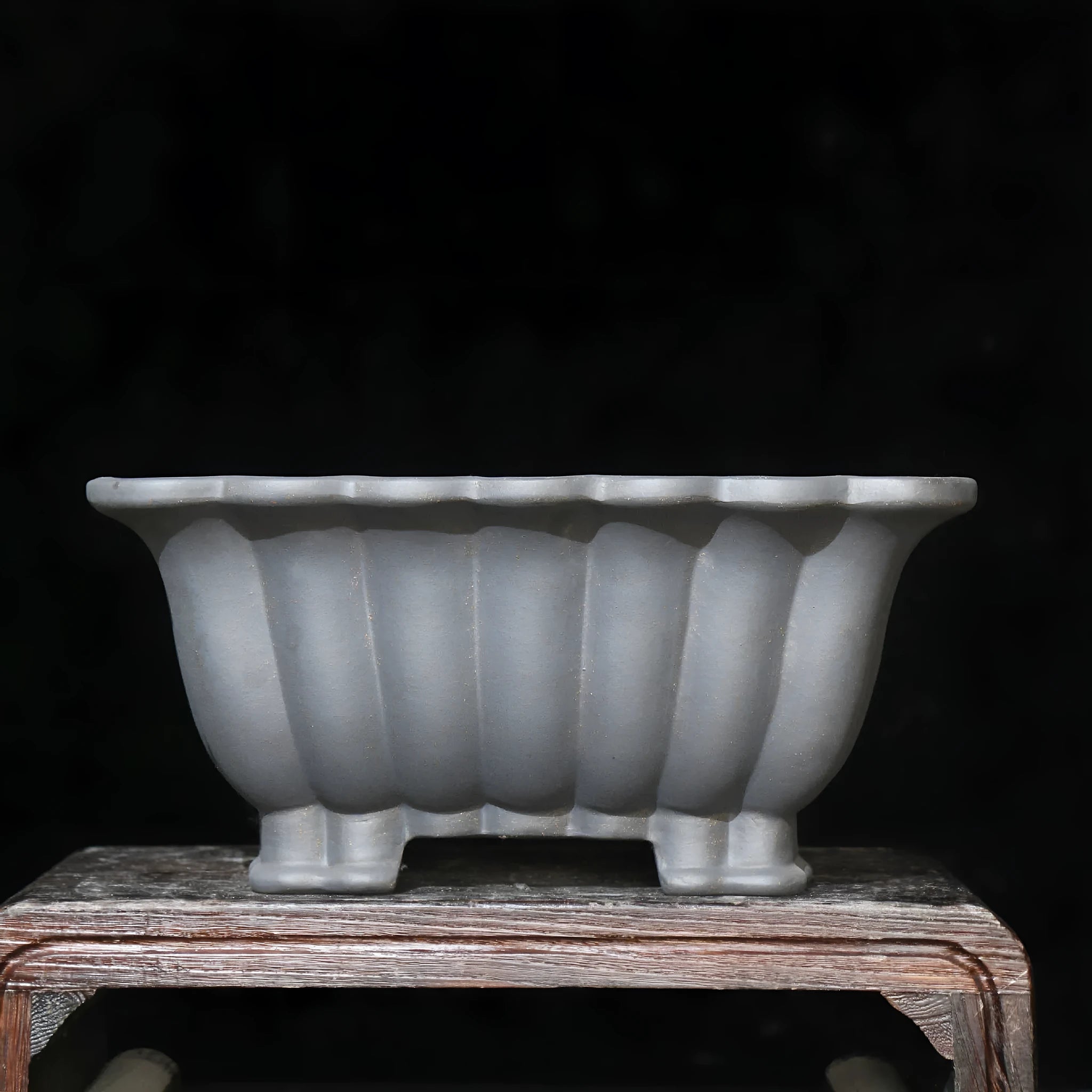 Purple sand ceramic square bonsai pot with classical styling and warp device detailing