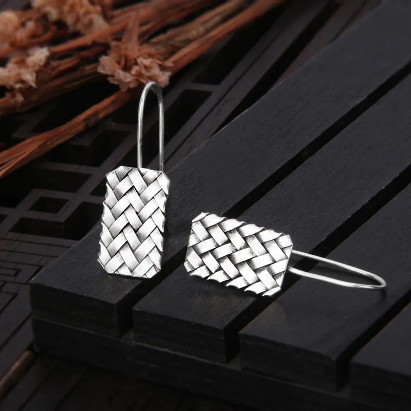 Woven diamond plaid geometric earrings made from 925 sterling silver, silver colour.