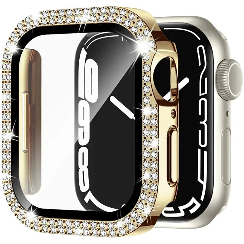 Apple Watch protective case with double diamond glass screen cover in rose gold colour.