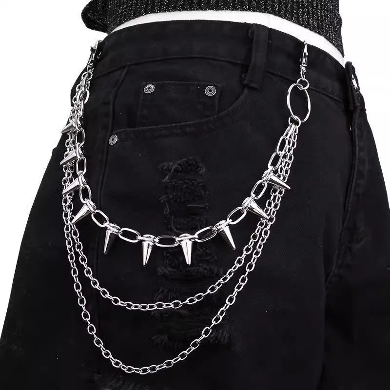 Silver double-layer metal trousers chain with rivet details showing 115cm length