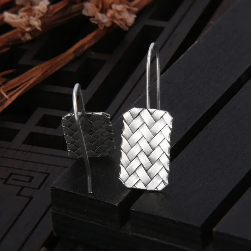 Woven diamond plaid geometric earrings made from 925 sterling silver, silver colour.