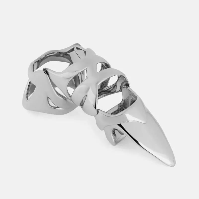 Silver-coloured punk armour finger stall fashion ring made from alloy.