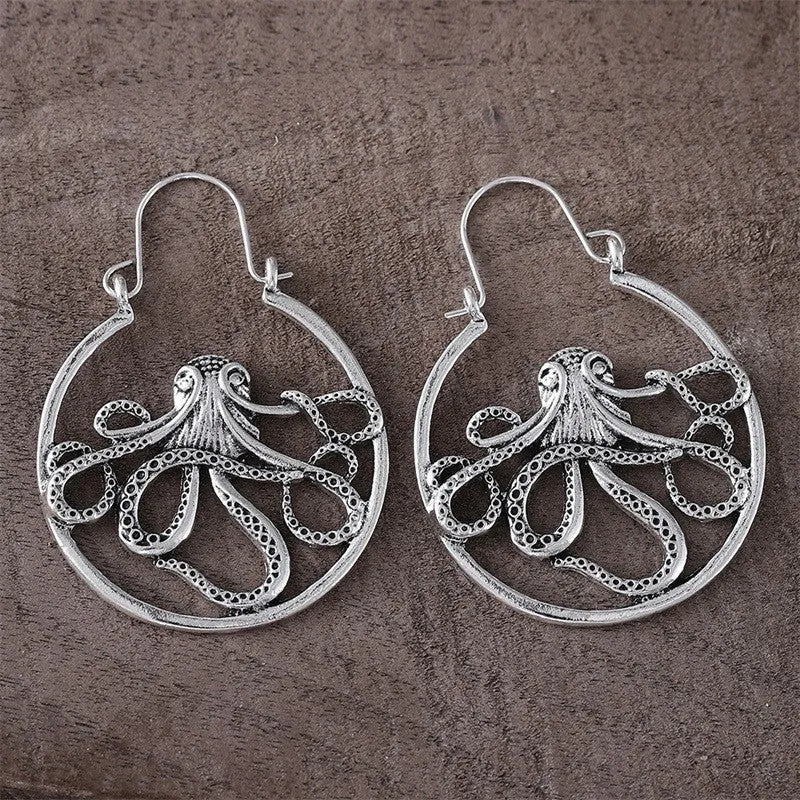 Vintage antique silver octopus earrings with detailed animal modelling for men and women