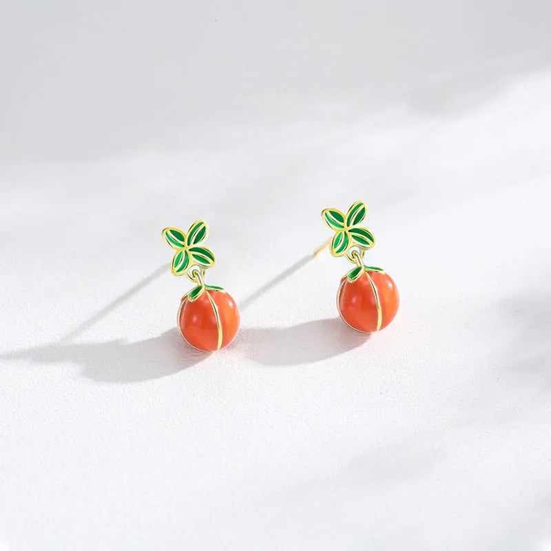 S925 sterling silver lucky persimmon dripping stud earrings in New Chinese style with ED3325 colour