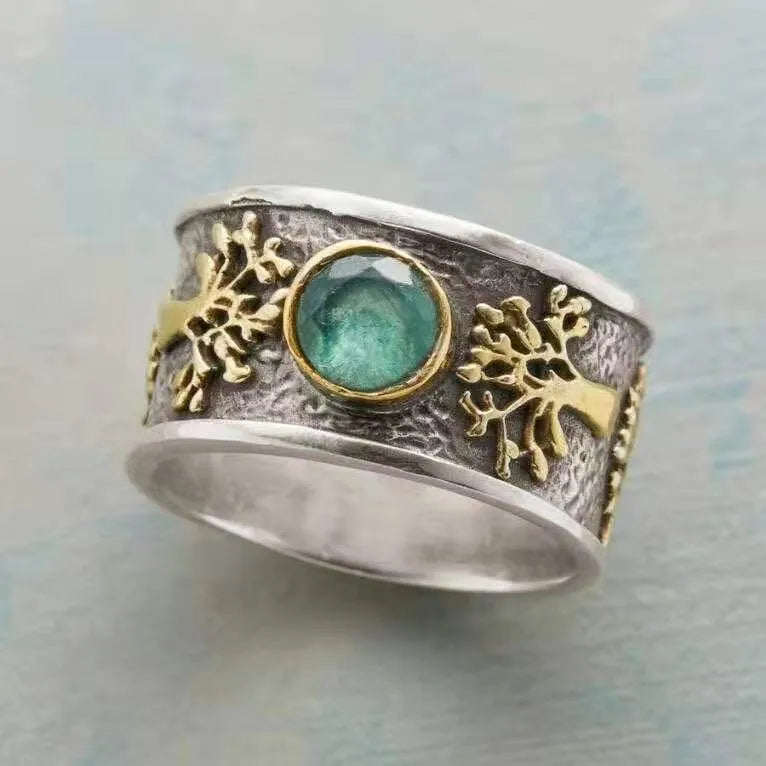 Light green vintage-style ring with geometric lucky tree and constellation design in alloy and artificial gemstone.