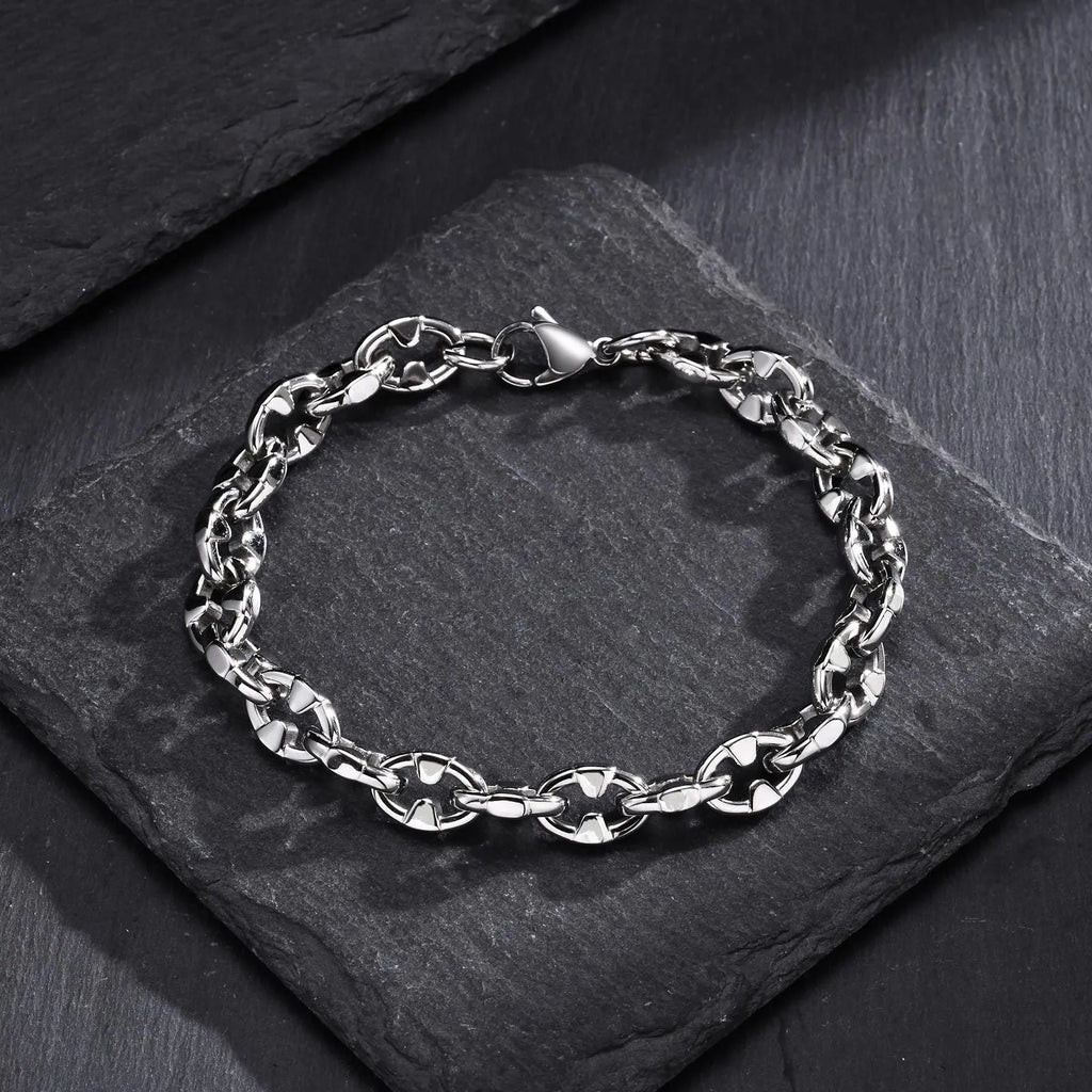 Men's thick stainless steel handmade geometric chain bracelet in steel colour.