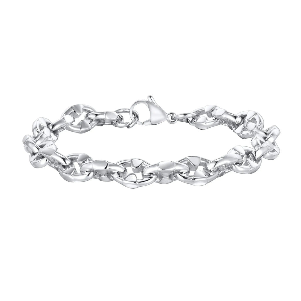 Men's thick stainless steel handmade geometric chain bracelet in steel colour.