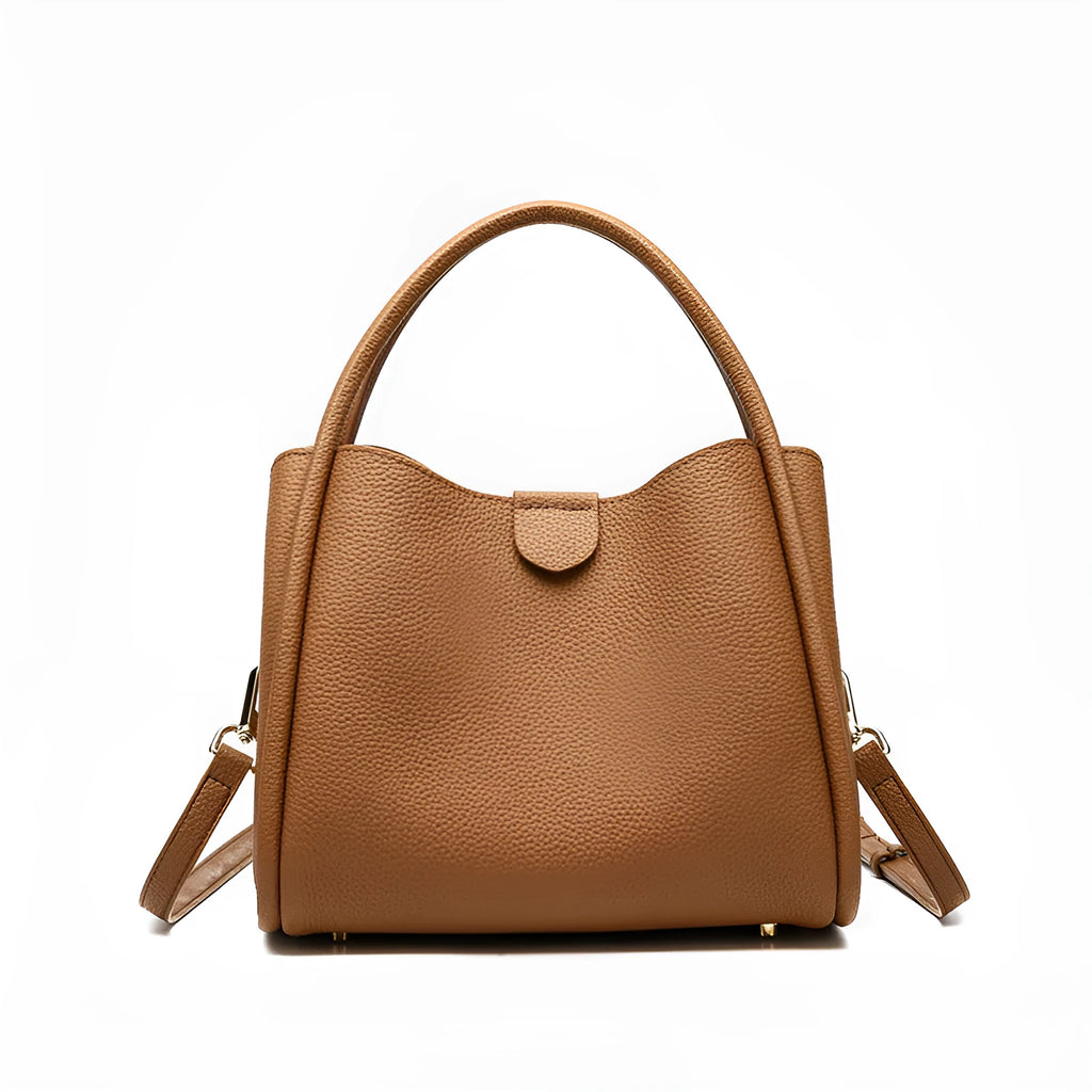 Genuine leather cylindrical handbag in black with open pocket and sewing thread detailing