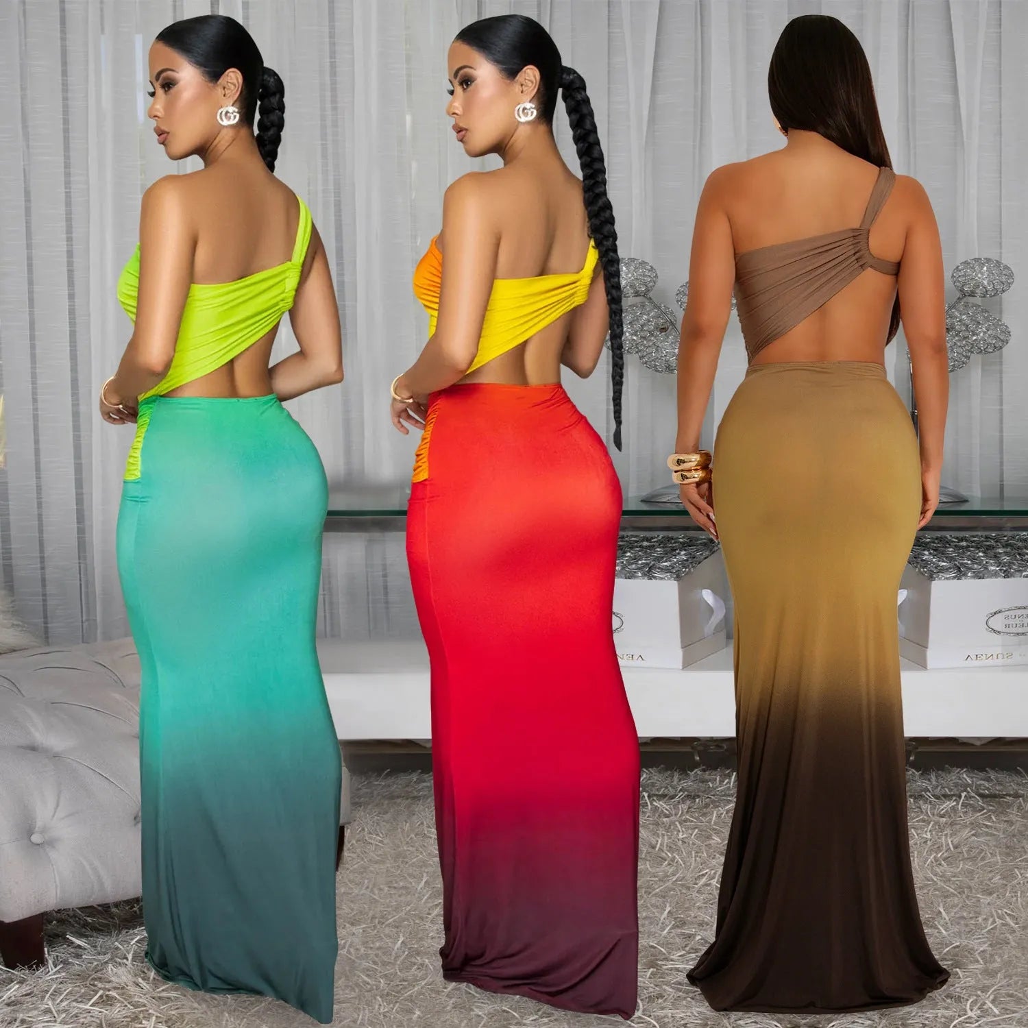 Women's gradient colour cross-shoulder maxi dress with high waist and long skirt