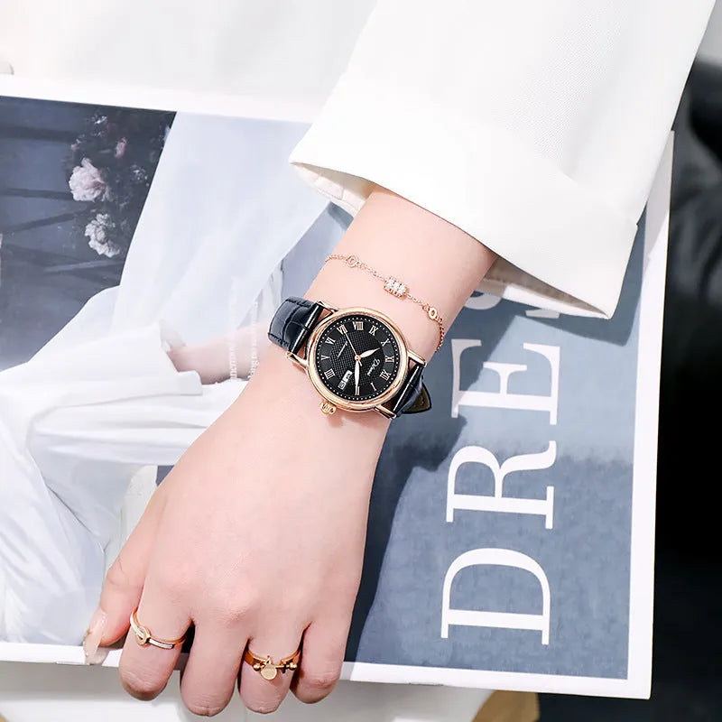 Automatic women's watch with 12mm case on a stainless steel bracelet alongside leather strap options