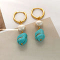 Geometric copper earrings with irregular turquoise stones and cultured pearl accents in short and long styles