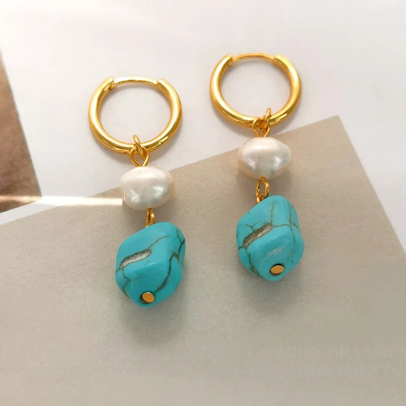 Geometric copper earrings with irregular turquoise stones and cultured pearl accents in short and long styles