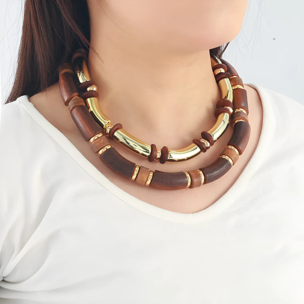 Women's exaggerated European style multi-layer wooden necklace and bracelet set in alloy