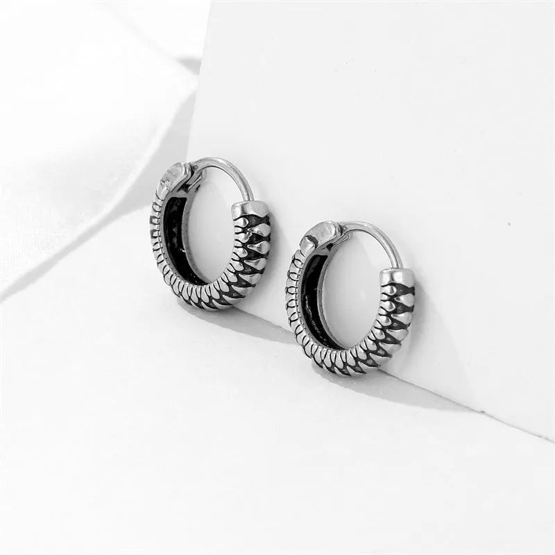 Silver geometric alloy earrings with circular stripe design on a white background.