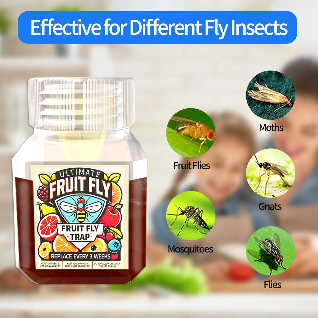 Bottle of SK003 fruit fly trapper bait liquid showing funnel and no-funnel options