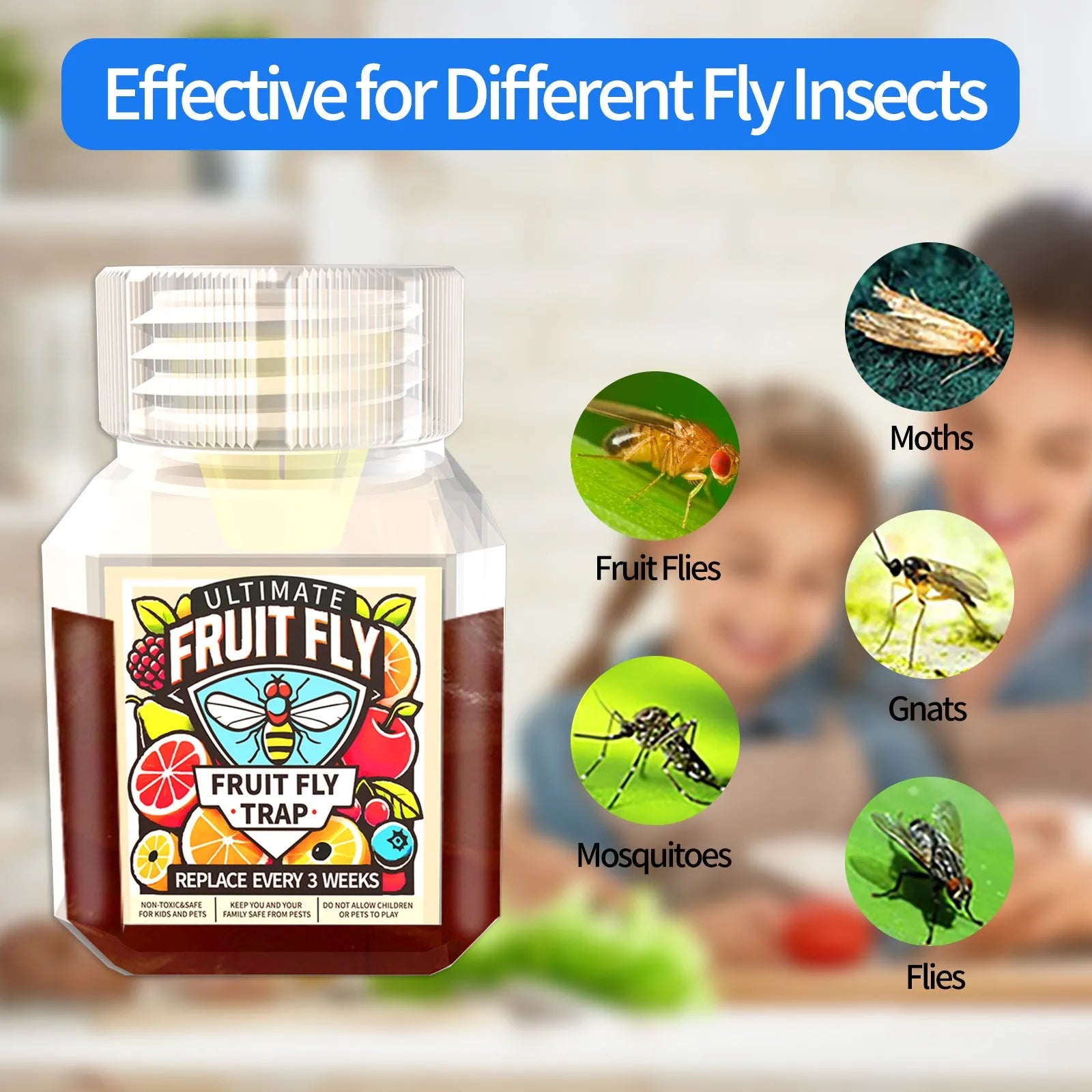 Bottle of SK003 fruit fly trapper bait liquid showing funnel and no-funnel options
