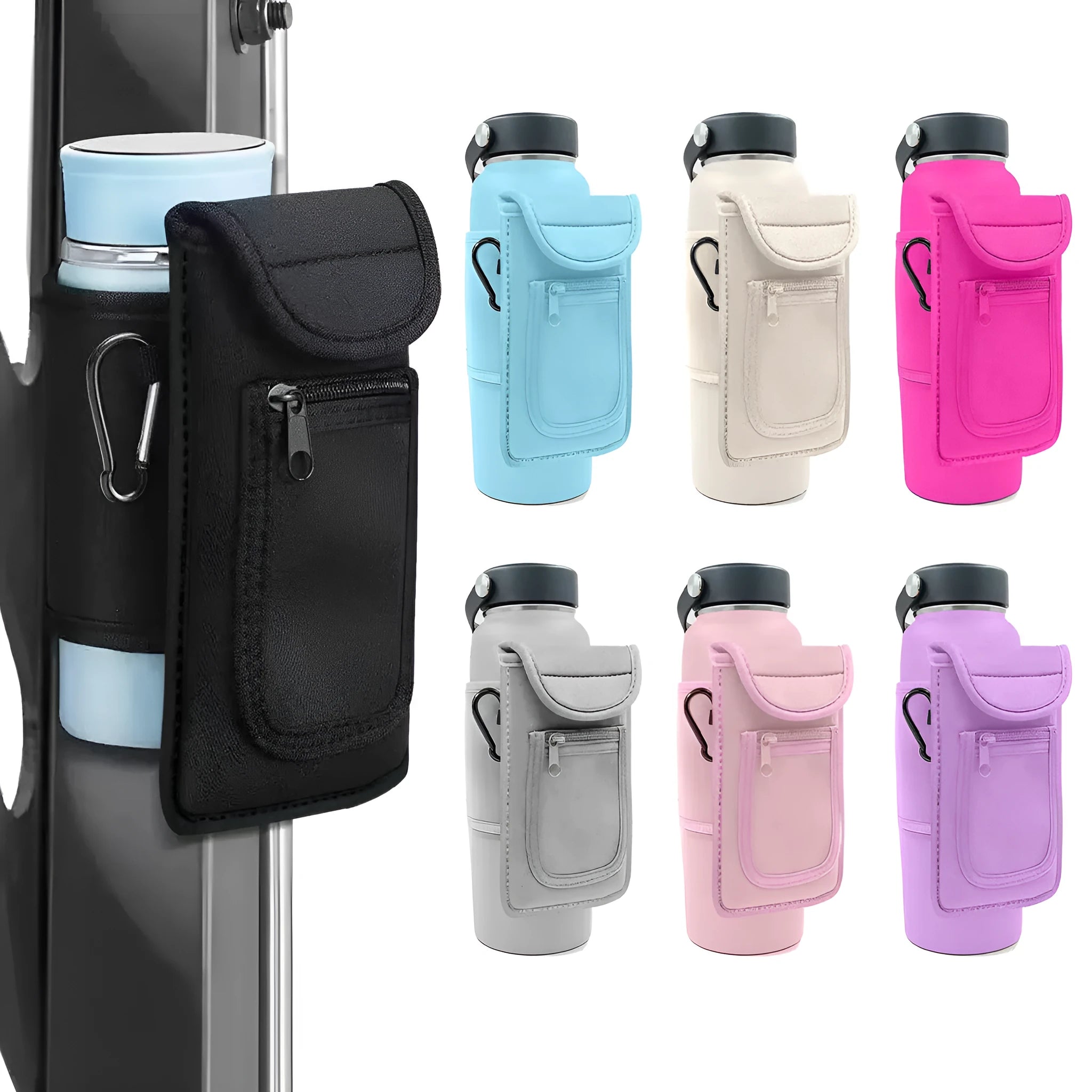 Fitness water bottle sleeve with magnetic closure in lake blue, holding a large cup.