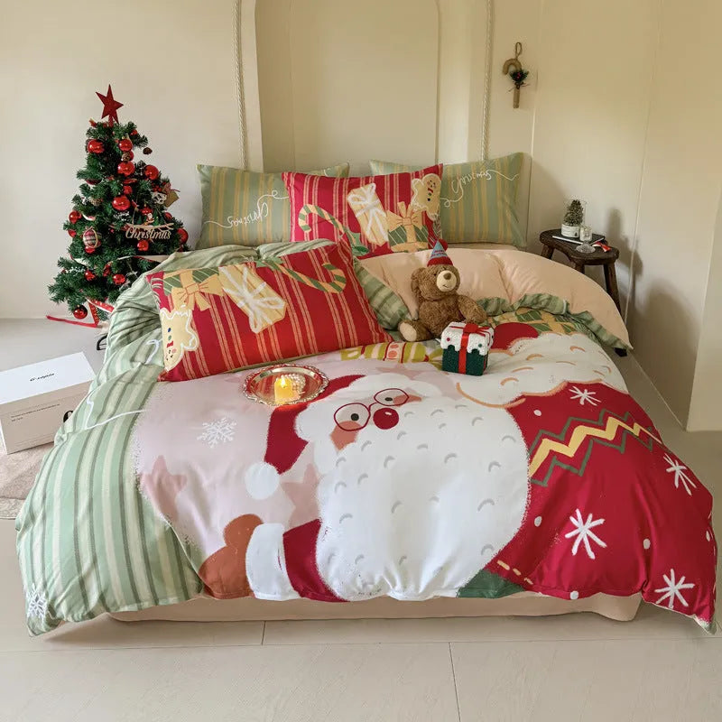 Christmas cartoon printed bedding four-piece set with sheet, quilt cover, and pillowcases for a double bed.