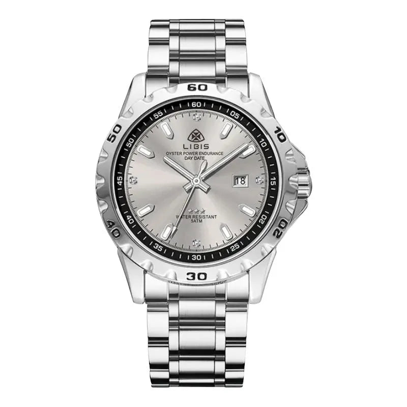 Silver case men's business watch with stainless steel strap and black dial