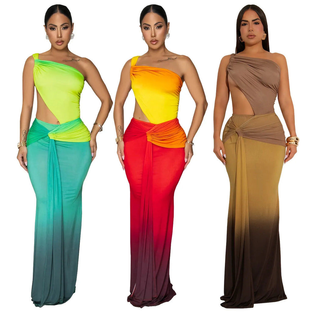 Women's gradient colour cross-shoulder maxi dress with high waist and long skirt