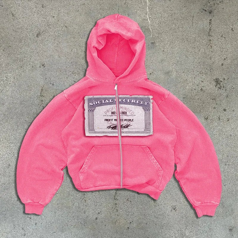Unisex loose fit hoodie jacket with zipper pockets in black, grey, and pink colour options showing letter pattern detailing
