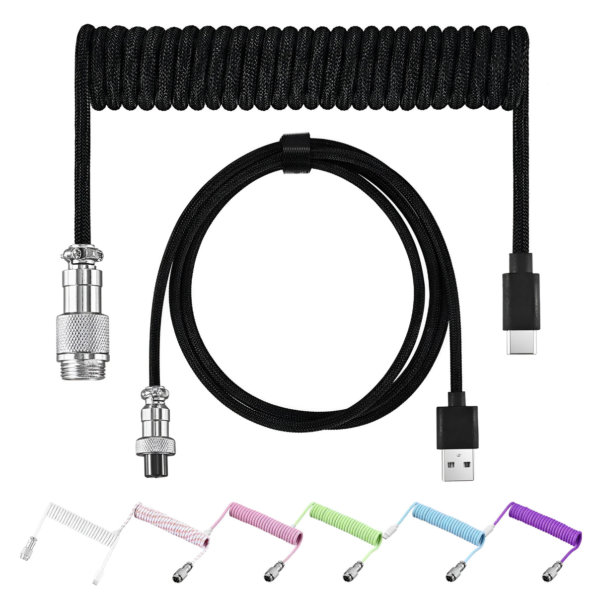Coiled USB keyboard data cable, 3 m, with air incense insert in black, blue, pink, purple, white and green