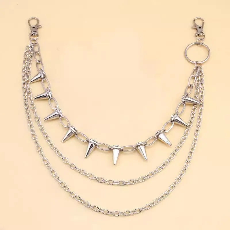 Silver double-layer metal trousers chain with rivet details showing 115cm length