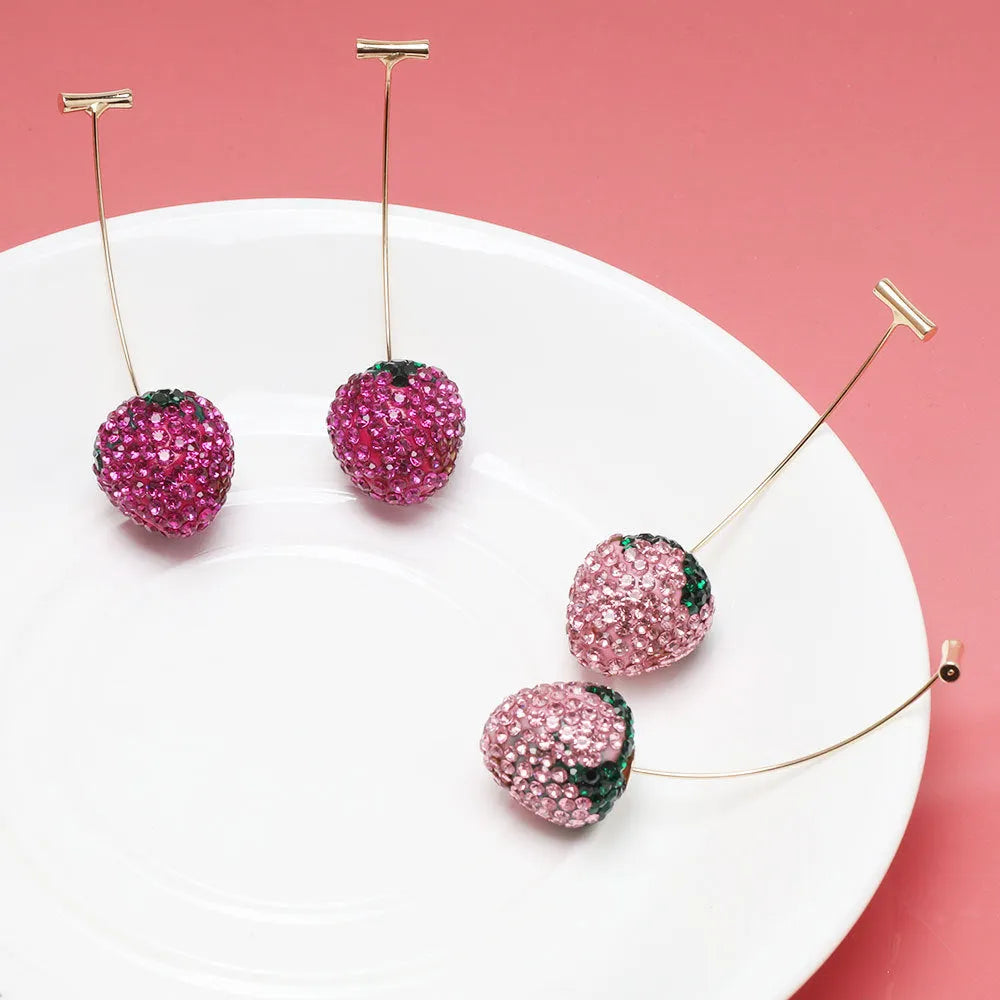 Women's geometric strawberry drop earrings with sparkling crystals in red zinc alloy.