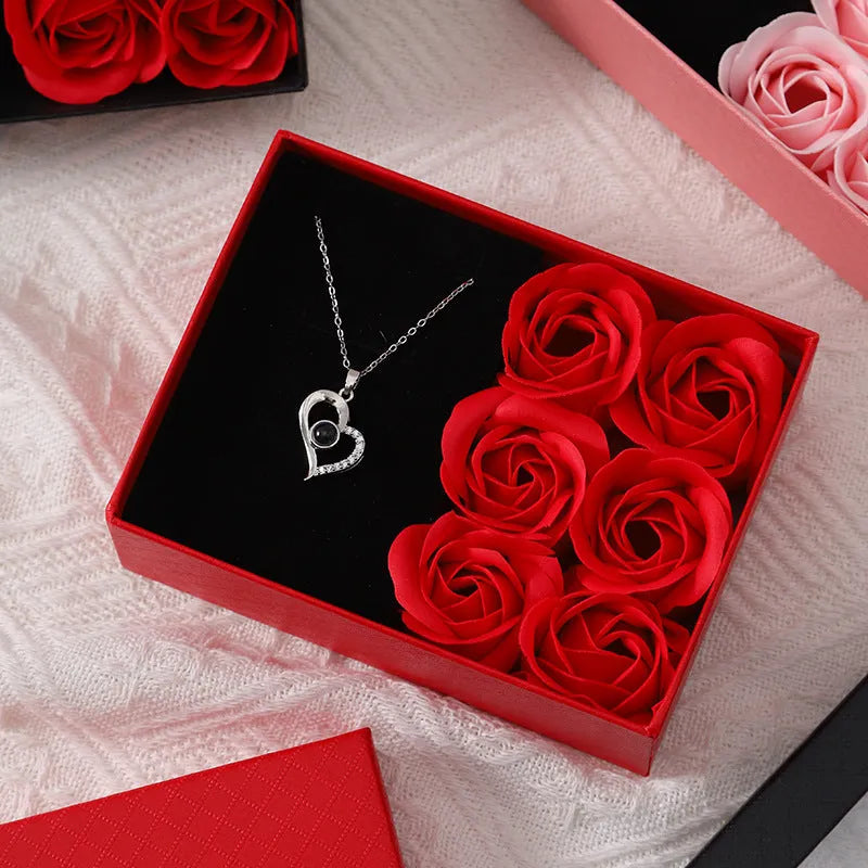 Korean style soap flower gift set with six red roses in a jewellery box, includes a handbag.