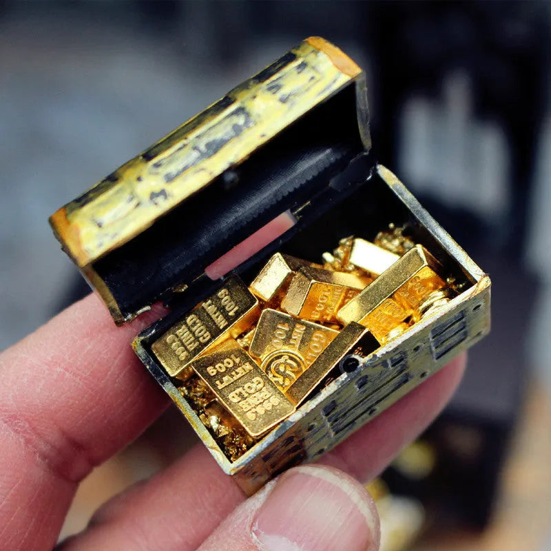 Miniature metal alloy gold coin and bar treasure box doll house accessory.
