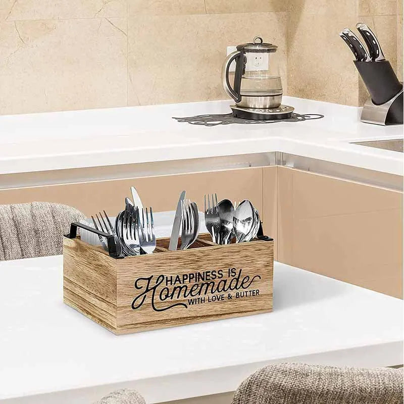 Wooden kitchen storage box with internal grid compartments for tableware organisation