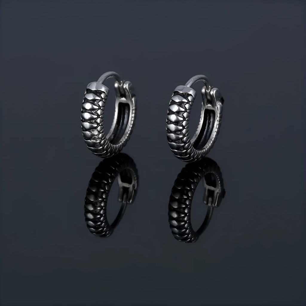 Silver geometric alloy earrings with circular stripe design on a white background.
