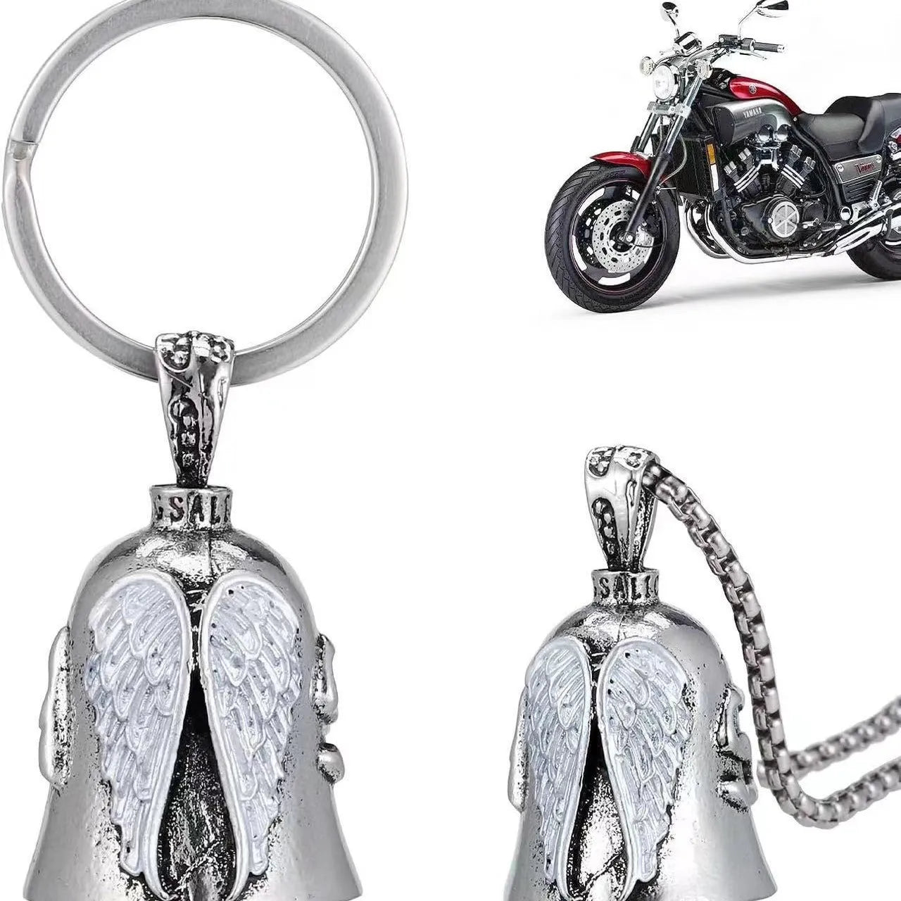 White angel feather keychain and necklace set with vintage finish and wings design