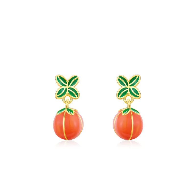 S925 sterling silver lucky persimmon dripping stud earrings in New Chinese style with ED3325 colour