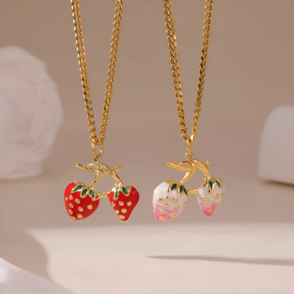 Stainless steel necklace with a strawberry fruit pendant in red or white gradient colour.