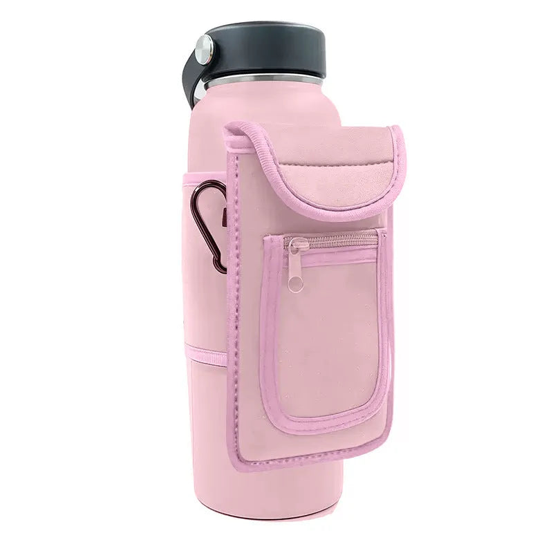 Fitness water bottle sleeve with magnetic closure in lake blue, holding a large cup.