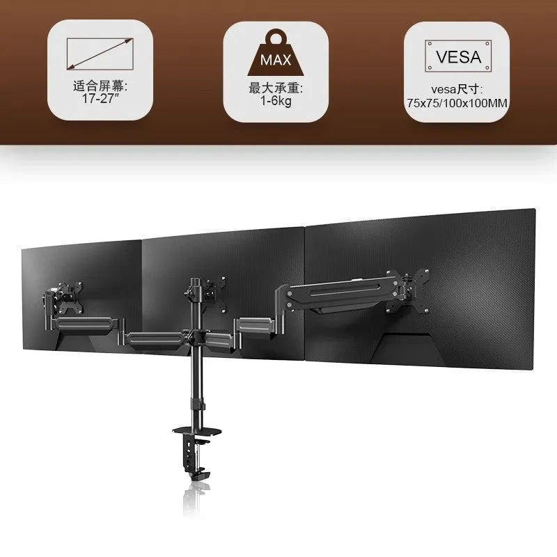 Three-screen monitor stand with adjustable rotary bracket and double air pressure arm in cold rolled steel