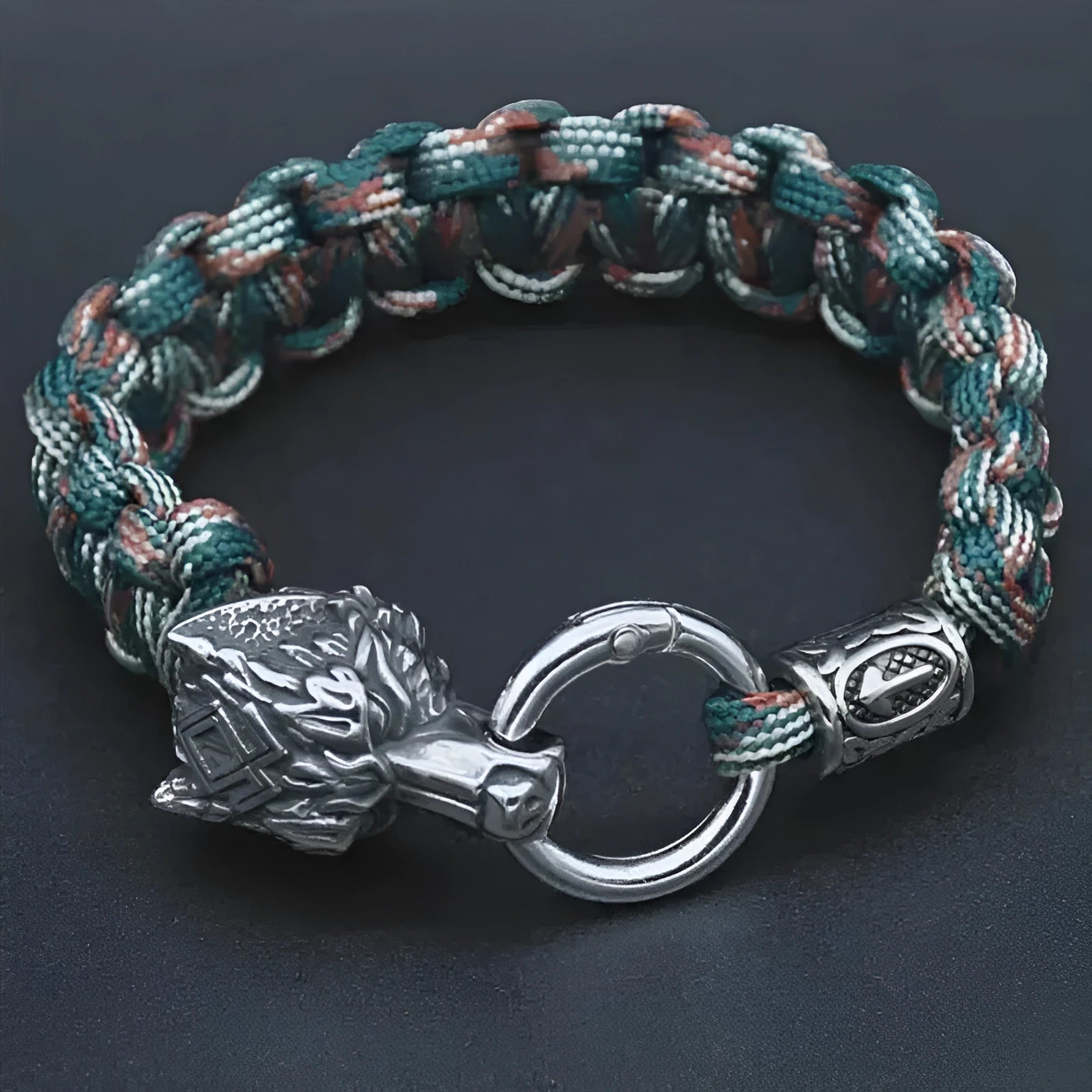 Handmade wolf head bracelet with Luen character design in camouflage colour