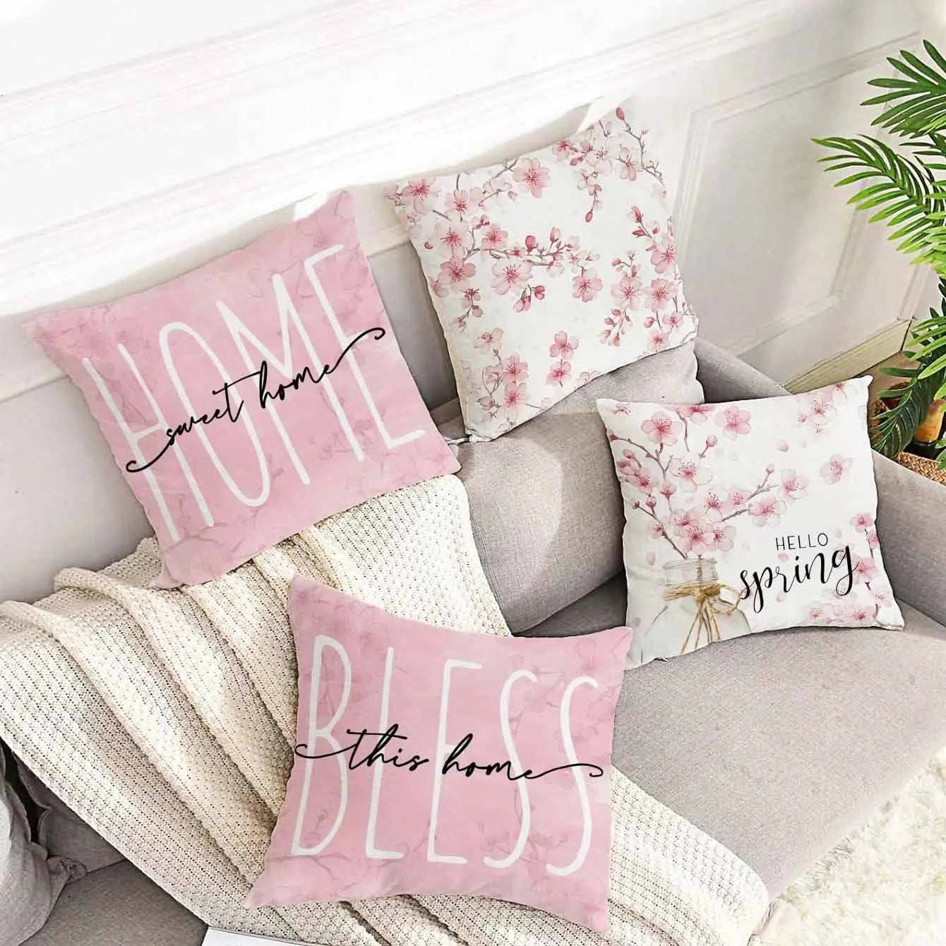Short velvet Spring Cherry Blossom letter cushion cover, 45cm square, shown in one of four HDRD192 colour options.