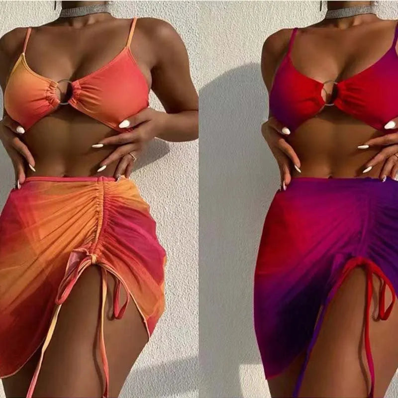 Women's orange gradient print three-piece swimsuit with adjustable suspender buckles