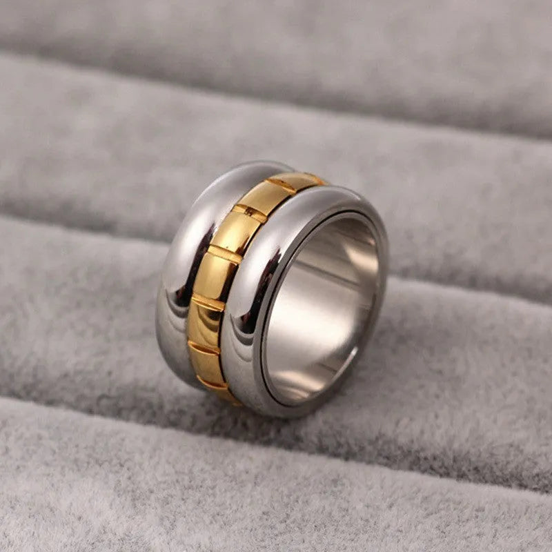 Gold titanium steel ultra-wide knuckle ring with rotatable band on finger