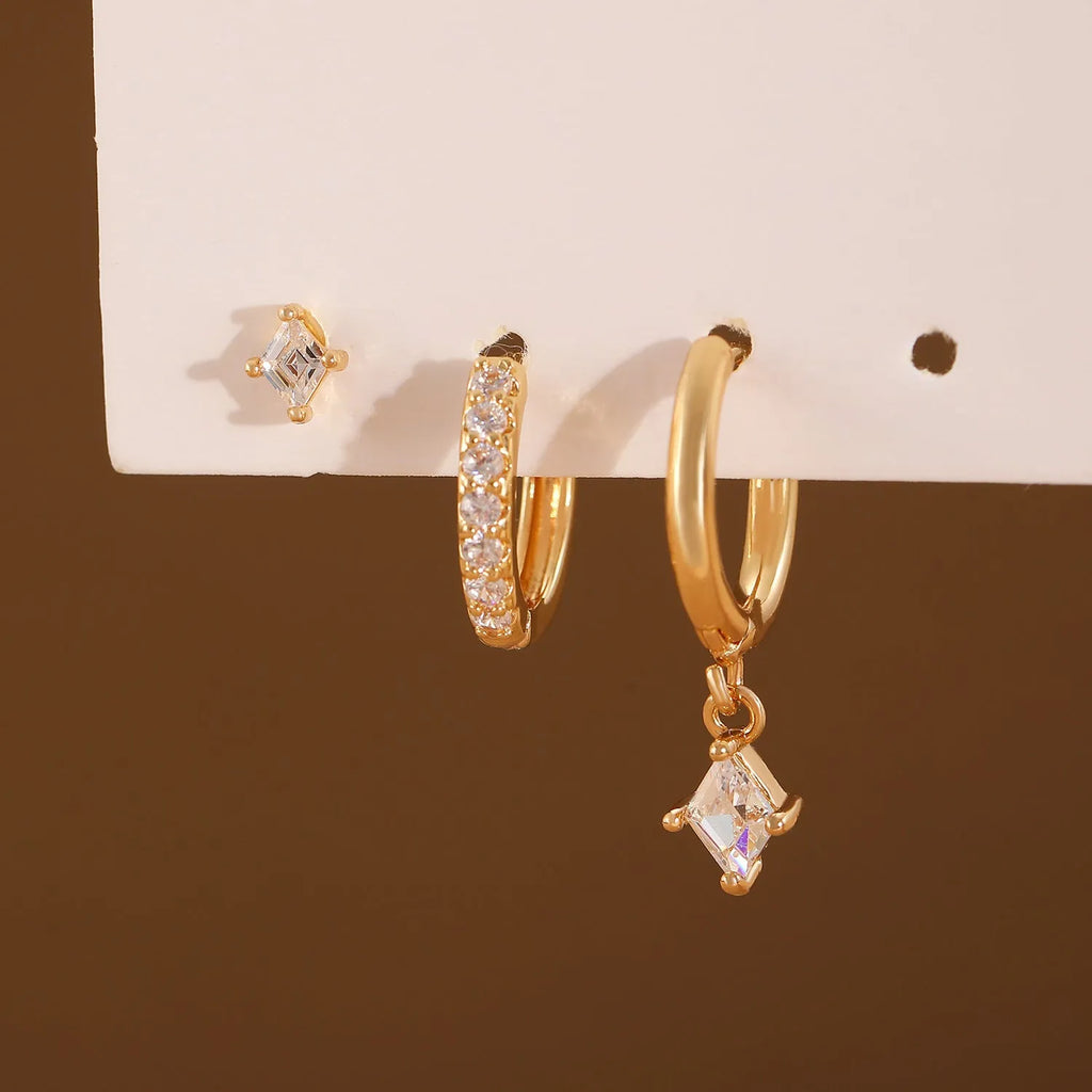 Ladies three-piece zircon geometric earring set in gold and silver finishes