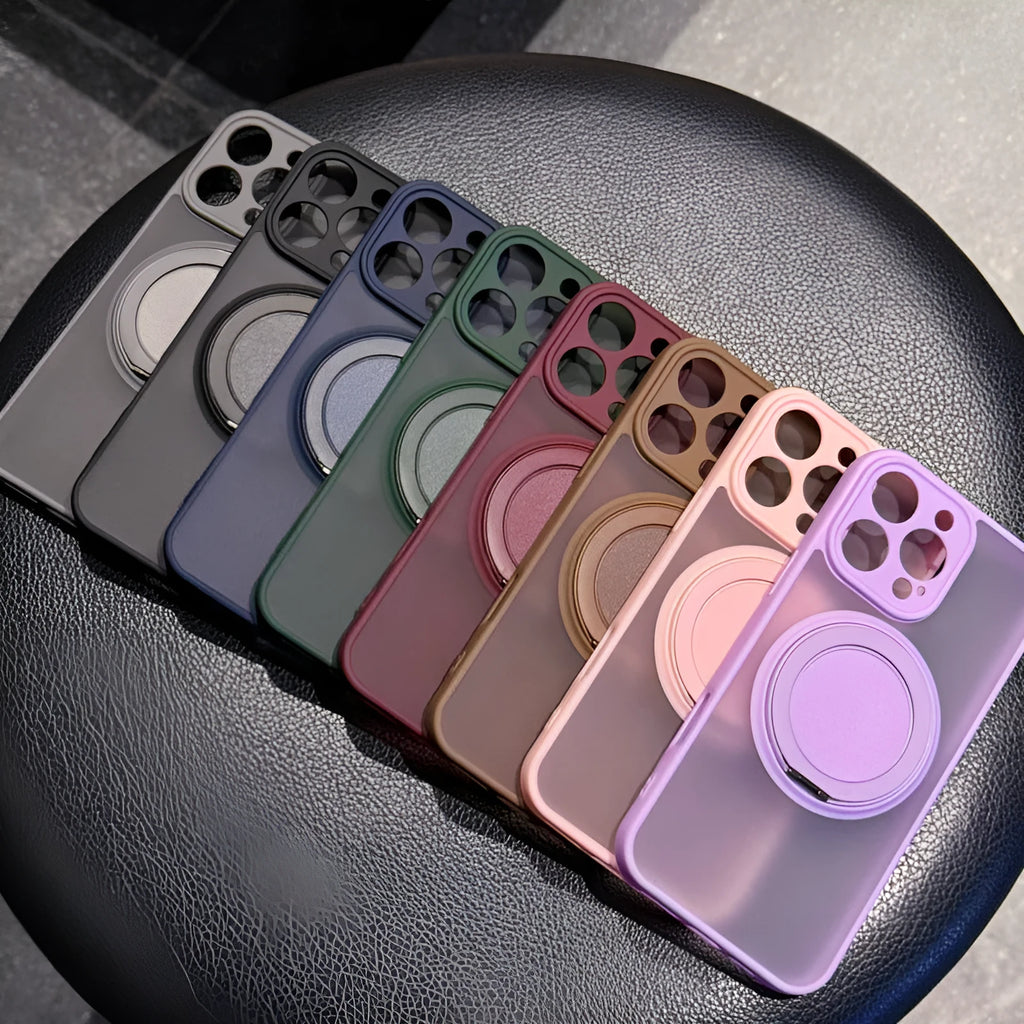 Transparent frost finish magnetic phone case with fold-away pivot bracket for iPhone models