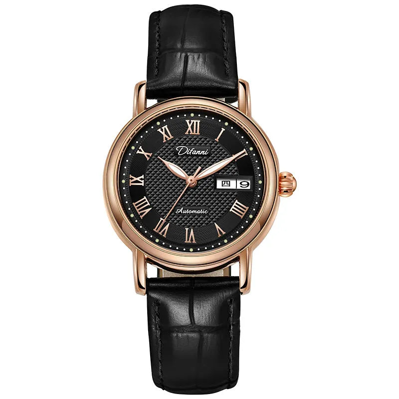 Automatic women's watch with 12mm case on a stainless steel bracelet alongside leather strap options