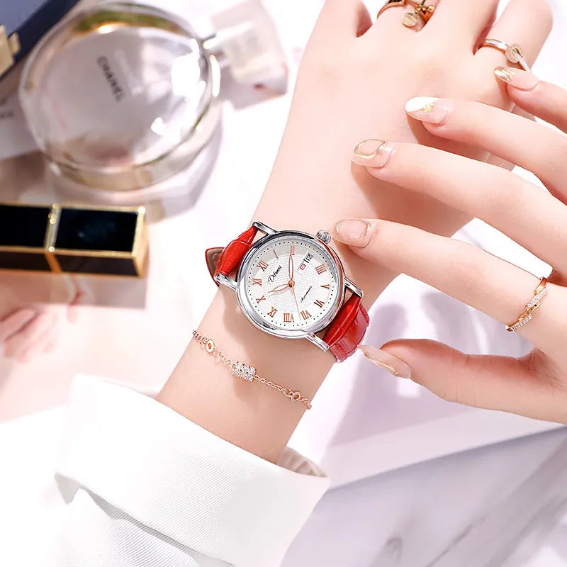 Automatic women's watch with 12mm case on a stainless steel bracelet alongside leather strap options