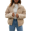 Women's apricot corduroy zipper jacket with stand collar and wadded construction