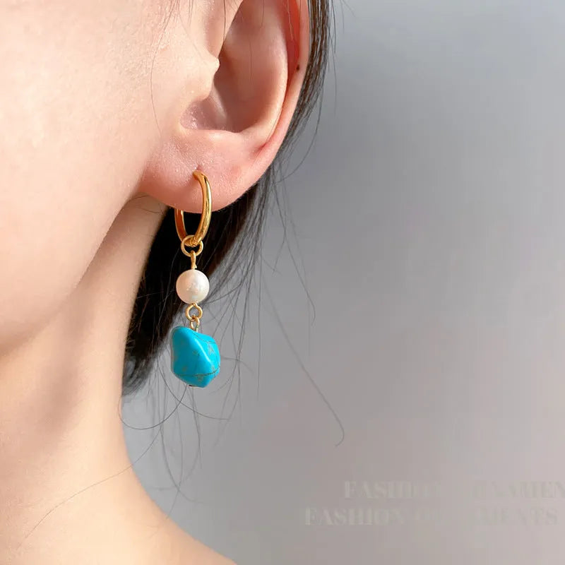 Geometric copper earrings with irregular turquoise stones and cultured pearl accents in short and long styles