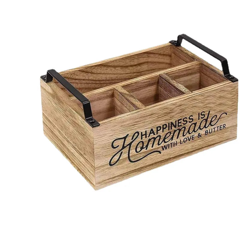 Wooden kitchen storage box with internal grid compartments for tableware organisation