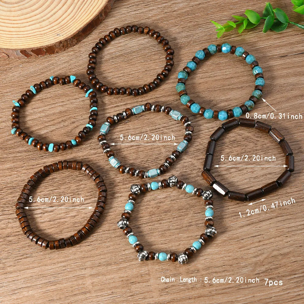 Seven retro bracelets with wooden and alloy beads in multicolour round design